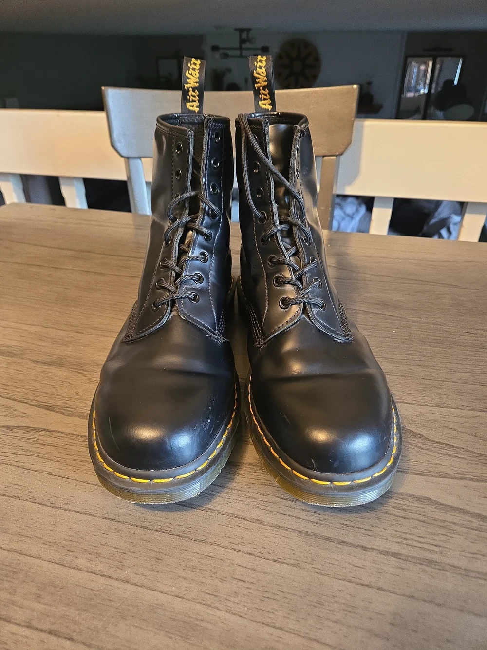 Dr. Martens Black Leather 8-Eye Lace-Up Boots with Yellow Stitch